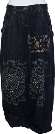 Just Cavalli Navy Blue Painted Denim Flared Leg Jeans