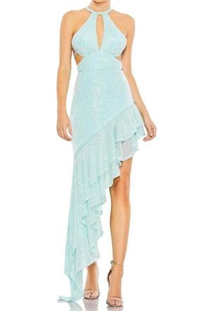 Mac Duggal Sequined Halter Cut Out Ruffle Asymmetrical Dress Gown In Aqua