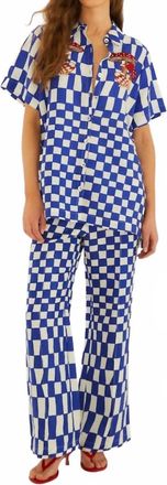 Farm Rio Linen Blend Checked Pant In Blue
