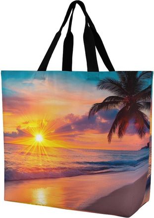 Generic Sun Sunset Beach Ocean Landscape Reusable Shopping Bags One Shoulder Grocery Tote Bag Waterproof Big Purse for Work Travel