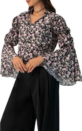 Ivonne Collared Long Sleeve Floral Print Blouse in Black at Nordstrom, Size 10