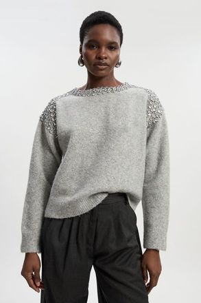Karen Millen Embellished Trim Cosy Knit Jumper in Grey at Nordstrom, Size X-Small