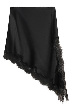 Mango Asymmetric Satin & Lace Skirt in Black at Nordstrom, Size Large