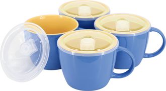 Gibson Home On The Go 4 Piece 25 Ounce Stoneware Soup Cup Set with Lid in Blue