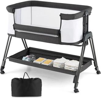 Costway Costway Cuna De Viaje Lateral Para Beb&eacute;, Cuna Plegable Port&aacute;til Con Colch&oacute;n Y Estante De Almacenamiento, 7 Alturas Ajustables, Y Bolsa De Transporte, 
