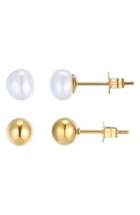 Adornia Set of 2 Freshwater Pearl & Round Stud Earrings in Gold/White at Nordstrom Rack