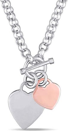Amour Oval Link Necklace with Double Heart Charm and Toggle Clasp In 2-Tone Rose and White Sterling Silver