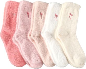 Generic Women Bow Fuzzy Socks Fluffy Cozy Slipper Socks Embroidered Winter Soft Cozy Stuff Thick Home Sleeping Sock for Christmas (5 MIX)