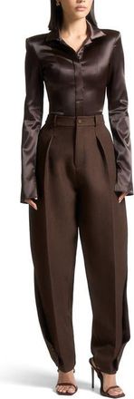 Mani&egrave;re De Voir Louise Wide Shoulder Satin Shirt Bodysuit in Brown at Nordstrom, Size 6