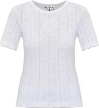 Ganni Pointelle-knit Logo-patch T-shirt