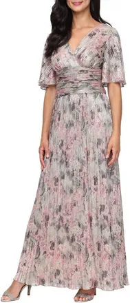 S.L. Fashions Metallic Floral Print Bodre Maxi Dress in Beige Multi at Nordstrom, Size 14P