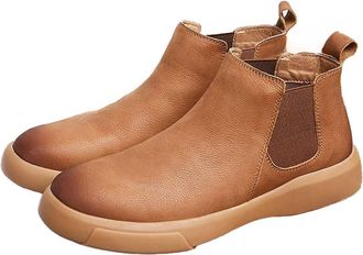 Generic Mens Flat Heel Short Boots Pull on Chelsea Ankle Boots Round Toe PU Leather Casual Shoes,Brown,12.5 UK