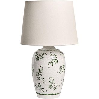 Beliani Table Lamp White Ceramic Base Floral Motif Linen Shade Drum Glossy Cottage Style Living Room Bedroom JINNY