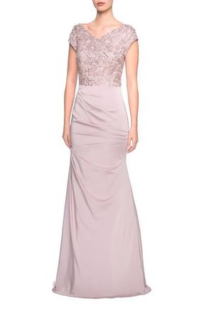 La Femme Long Jersey Ruched Dress with Embellished Top in Champagne at Nordstrom, Size 20