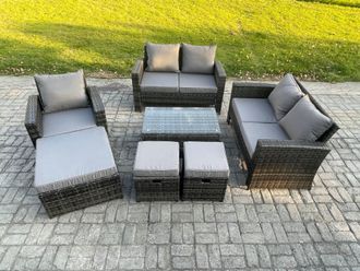 Fimous Rattan Garden Furniture Set 8 Seater Patio Outdoor Lounge Sofa Chair Set with Rectangular Coffee Table 3 Footstools in Dark Grey