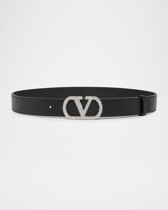 Valentino Garavani VLogo Signature Crystal-Embellished Leather Belt, 30mm