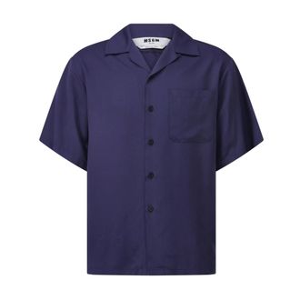 Msgm Satin Oversized Bowling Shirt - Heren - Korte mouwen Overhemden - Blauw - 2XL - Satijn - Overhemden