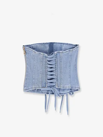 Elisabetta Franchi Lace-up Denim Bustier Crop Top - Blue
