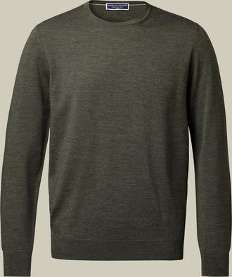 CHARLES TYRWHITT Merino Crew Neck Wool Jumper - Olive Green Size XL by Charles Tyrwhitt