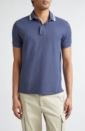 Moncler Logo Patch Tipped Cotton Piqu&eacute; Polo in Vintage Indigo at Nordstrom, Size Xxx-Large