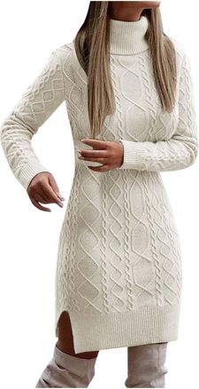 Generic Womens Jumper Dress Turtleneck Autumn Winter Jumpers Dresses Long Sleeve Knitted Bodycon Dress Warm Sweater Mini Dresses