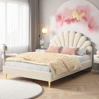 OEM Cama 140x190 Cm, Dz01, Apariencia De P&eacute;talos, Cama Doble, Marco De Cama 140x190 Cm, 250kg, Terciopelo, Beige