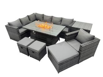 Fimous Rattan Garden Furniture Dining Set 10-seater with Side Table 3 Stool in Dark Grey