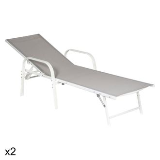 Happy Garden Lote de 2 tumbonas de acero blanco y textilene gris