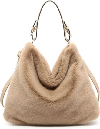 Generic Womens Faux Fur Tote Bag with Shoulder Strap - Soft Fluffy Winter Handbag, Large Plush Shopper for Everyday Use (Khaki)