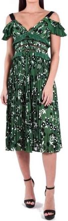Self Portrait Pre-Loved Cold Shoulder Lace Trimmed Plisse Crepe Midi Dress In Green / Black