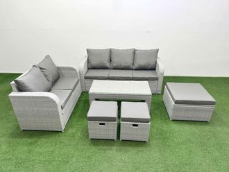 Fimous 8 Seater PE Rattan Wicker Garden Furniture Patio Conservatory Sofa Set with Oblong Coffee Table 3 Seater Sofa Love Sofa 3 Stool in Light Grey