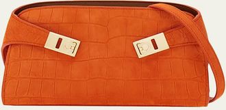 Ferragamo Hug Croc-Embossed Suede Clutch Bag