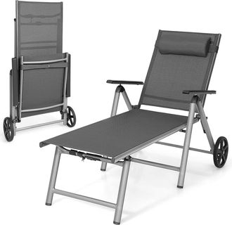 Costway Costway Tumbona De Jard&iacute;n Ruedas Textileno, Tumbona Plegable De Alumnio, Reclinable Con Respaldo Ajustable En 7 Posiciones Y Reposacabezas Extra&iacute;ble, 