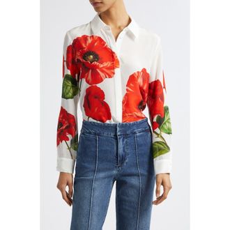 Alice & Olivia Willa Floral Print Silk Button-Up Shirt in Summer Poppy at Nordstrom, Size X-Small