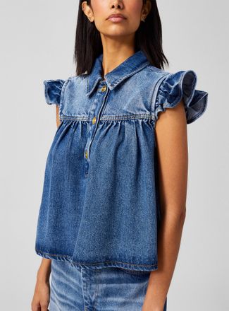 Ganni Womens Fluid denim ruffle blouse