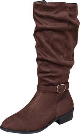 Generic Womens Cowboy Boots Suede Faux Fur Knee High Boots Low Heel Poitted Toe Pull On with Belt Buckle Wrinkled Ladies Fashion Comfortable Fall Winter Slouc