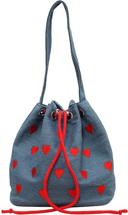 Generic Women Canvas Crossbody Bag Heart Embroidery Bucket Bag for Vacation Travel(Blue) (Blue)