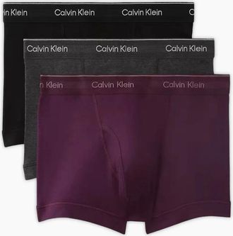 Calvin Klein Mens 3-Pack Cotton Classics Striped Waist Boxer Trunks, Black/Purple/Charcoal - Red - Size: 37/36/32