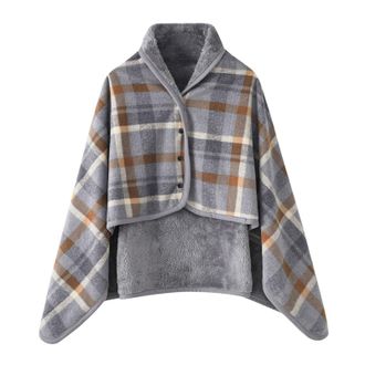Generic Women Multiway Plaid Poncho Shawl Wrap Fleece Wearable Blanket Ultra Soft Sherpa Flannel Cape Checkered Fluffy Fleece Pajama Winter Warm Sleepwear Thi