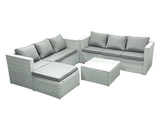Fimous Rattan Garden Outdoor Furniture Set 7 Seater Rattan Garden Sofa Set with Big Footstool Light Grey Mixed