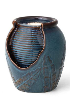 Glitzhome Turquoise Leaf Textured Ceramic Jar Tabletop Fountain with Pump and LED light in Blue at Nordstrom, Size Medium