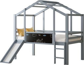 STILVORA Cama Alta 90 X 200 Cm Con Tobog&aacute;n, Escalera, Pizarra Y Barandillas, Sin Colch&oacute;n, De Madera Maciza, Gris