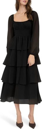 Blu Pepper Long Sleeve Tiered Metallic Chiffon Midi Dress in Black at Nordstrom Rack, Size Medium