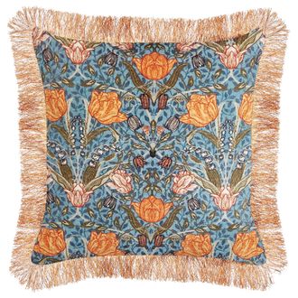Beliani Coj&iacute;n De Algod&oacute;n Azul Naranja 45 X 45 Cm Terciopelo Patr&oacute;n Floral Flecos Mitella