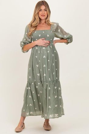 Pinkblush Floral Embroidered Smocked 3/4 Sleeve Midi Dress in Light Olive at Nordstrom, Size Medium