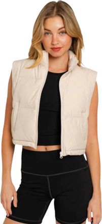 Entro Cropped Puffer Zip Up Vest In Sand