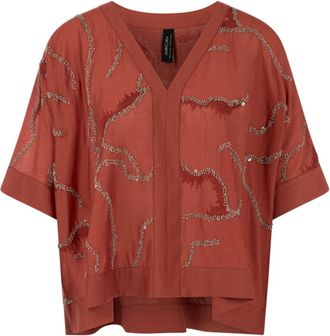 Marc Cain Verfraaide Viscose Blouse - Dames - Blouses - Rood - 2XL - Polyester - Overhemden