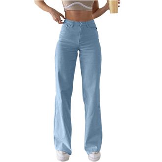 Generic Straight Leg Jeans for Women High Waisted Trousers Regular Fit Denim Trousers Solid Classic Everyday Lounge Pants Streetwear Button Jeans Pants Full L