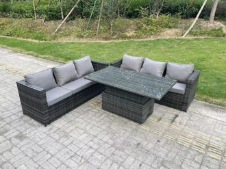 Fimous 6 Seater Outdoor Rattan Sofa Set Garden Furniture Adjustable Rising Lifting Dining Table Dark Grey