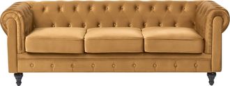 Beliani Sof&aacute; 3 Plazas Chesterfield Tapizado En Tela De Terciopelo Amarillo Patas De Madera Oscura Estilo Contempor&aacute;neo Chesterfield